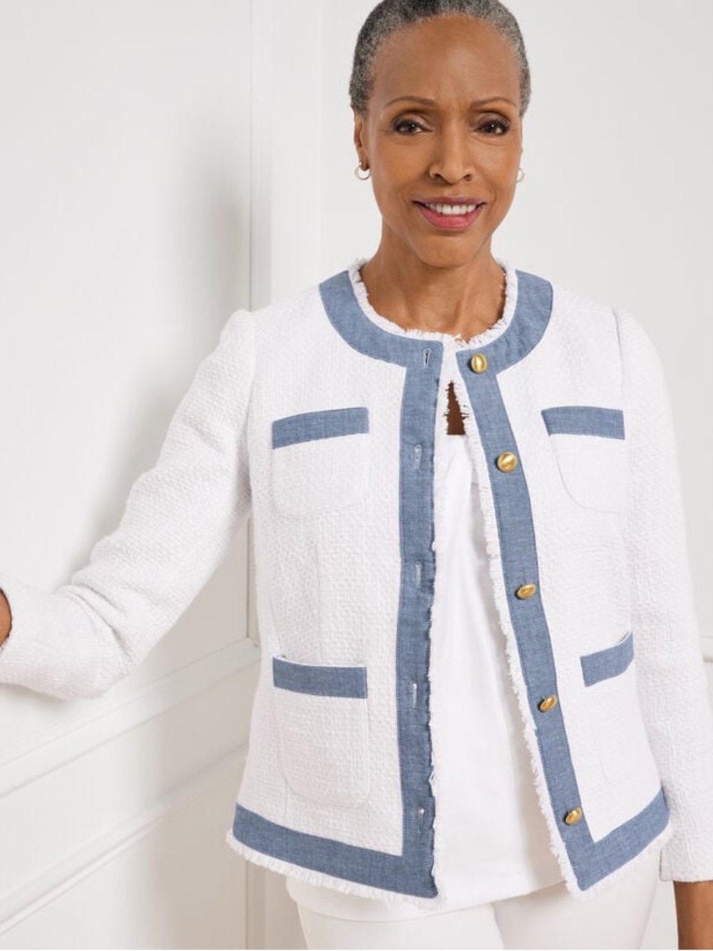 Talbots Airy Tweed Woven Jacket - White Denim Blue Trim Size 10